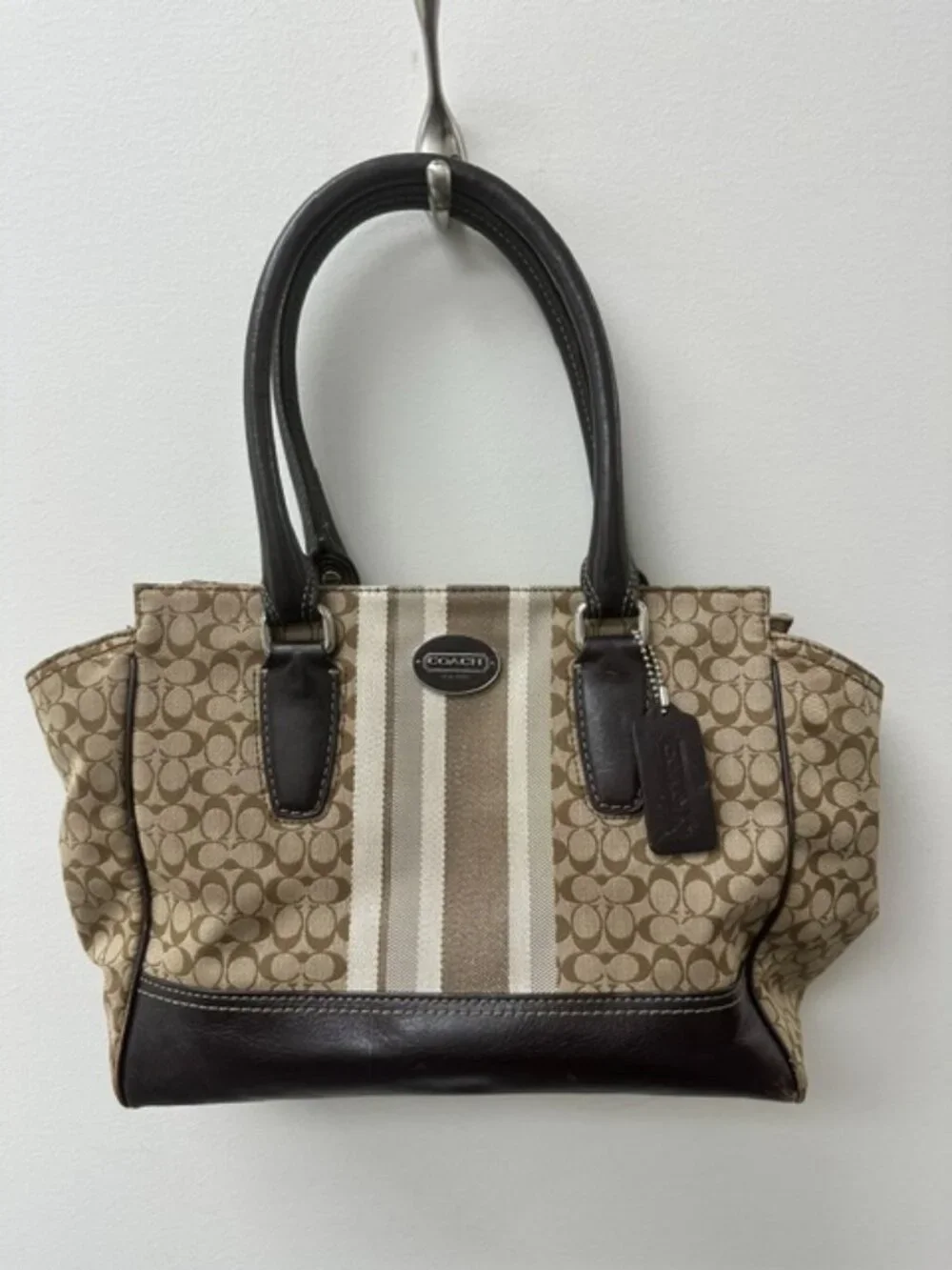 COACH 19915 Legacy Signature Stripe Candice Carryall Handbag Brown